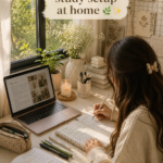 Un coin d'étude cosy avec un bureau en bois, des plantes vertes et une lumière douce pour une ambiance esthétique.