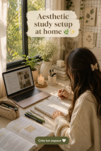 Un coin d'étude cosy avec un bureau en bois, des plantes vertes et une lumière douce pour une ambiance esthétique.