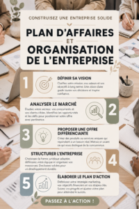 Un carnet ouvert avec un business plan et un stylo, symbolisant l'organisation d'un projet entrepreneurial.
