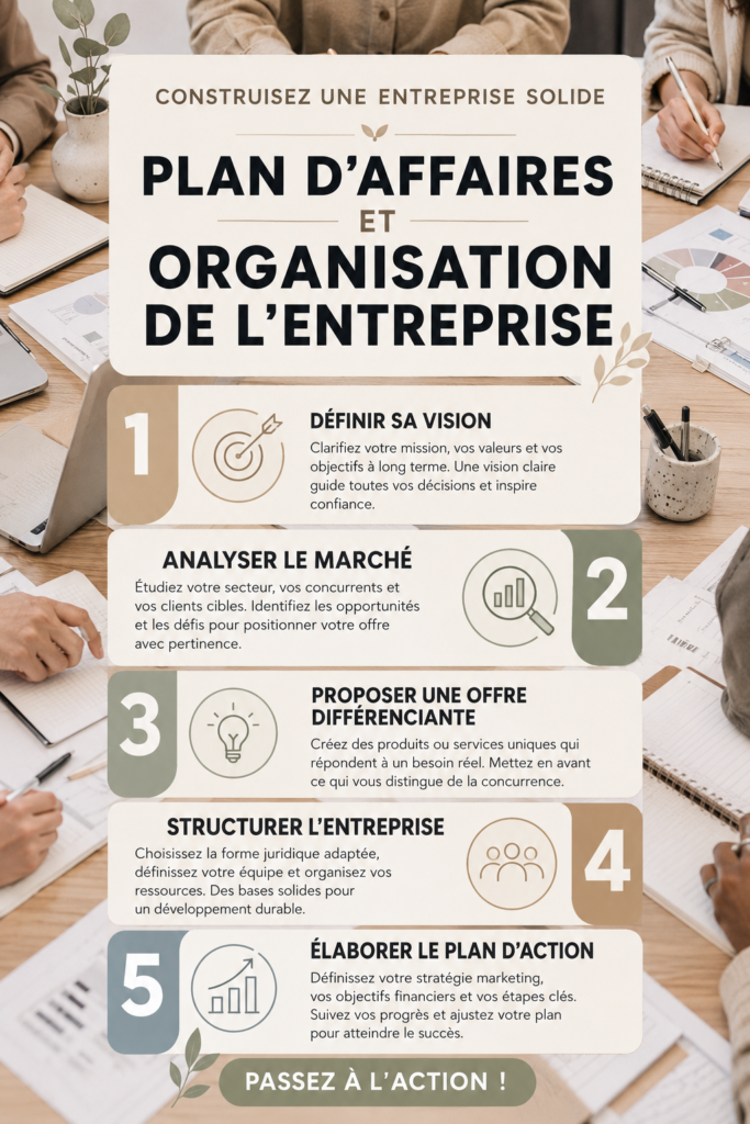 Un carnet ouvert avec un business plan et un stylo, symbolisant l'organisation d'un projet entrepreneurial.