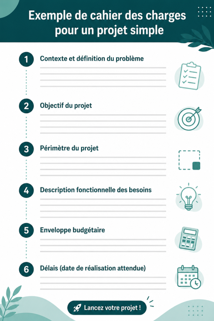 Modèle illustré de cahier des charges pour un projet simple