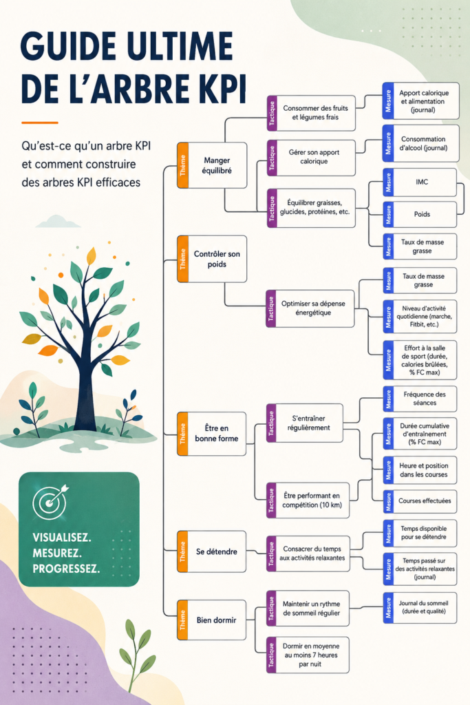 Un graphique illustrant un arbre KPI, montrant la hiérarchie des indicateurs de performance.