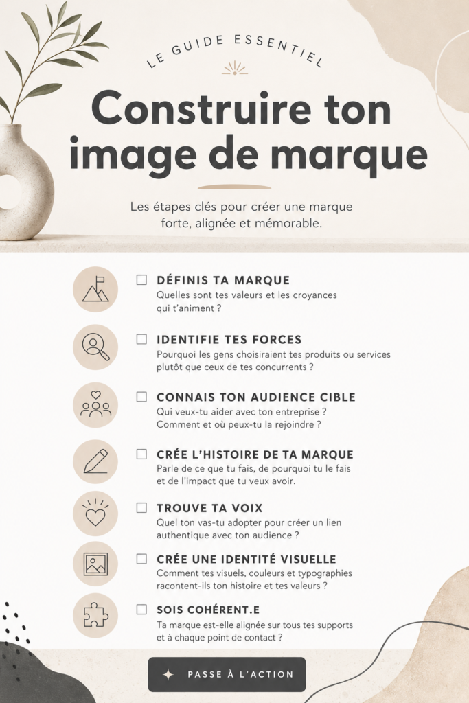Illustration d'une femme construisant son image de marque avec des éléments visuels