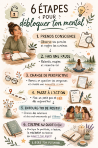 Femme méditant sur une plage pour débloquer son mental.