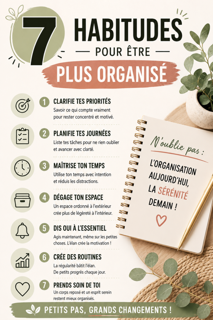 7 habitudes pour mieux s'organiser au quotidien sur une illustration inspirante.