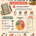 Illustration représentant un carnet de Kakeibo sur une table avec des stylos et une tasse de thé, symbolisant la gestion budgétaire mindful.