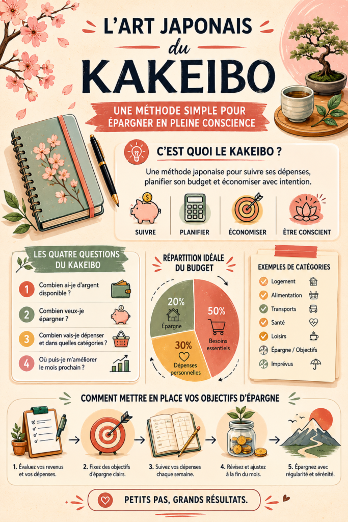 Illustration représentant un carnet de Kakeibo sur une table avec des stylos et une tasse de thé, symbolisant la gestion budgétaire mindful.