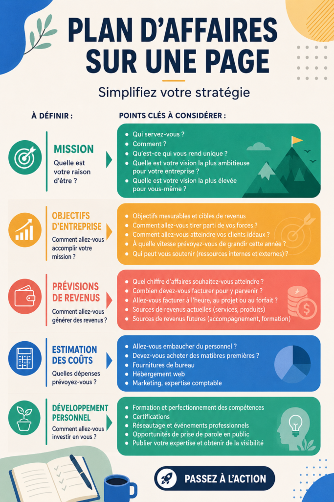 Modèle de plan d'affaires d'une page sur un bureau avec un ordinateur et des notes