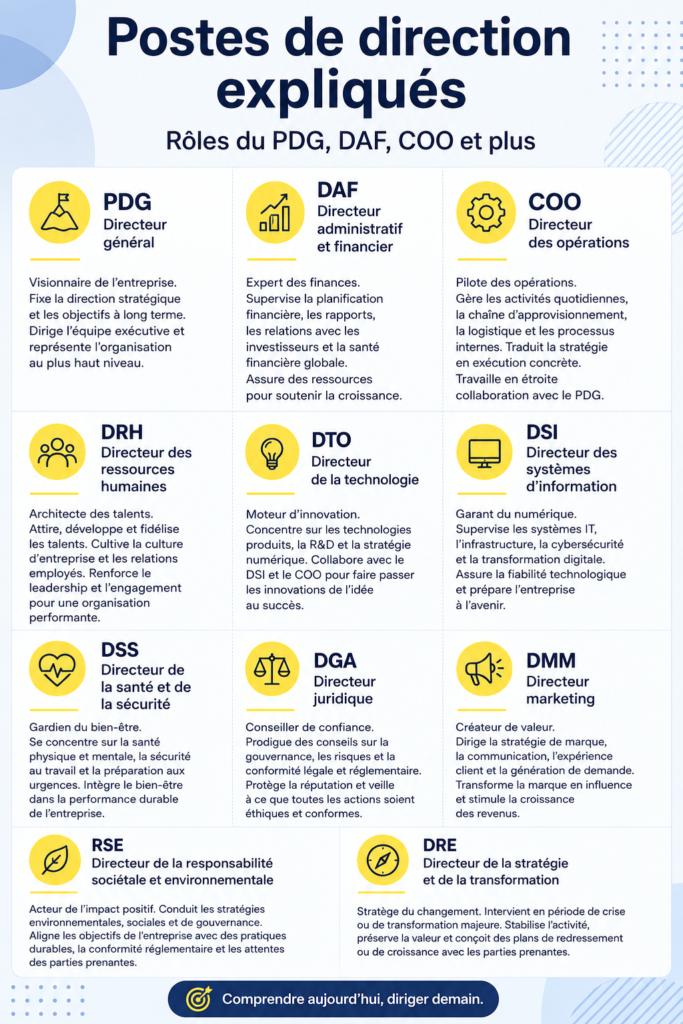 Postes de direction en entreprise : explications des rôles du CEO, CFO et COO.