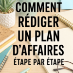 Une femme réfléchissant à son business plan sur un bureau avec des notes et un ordinateur.