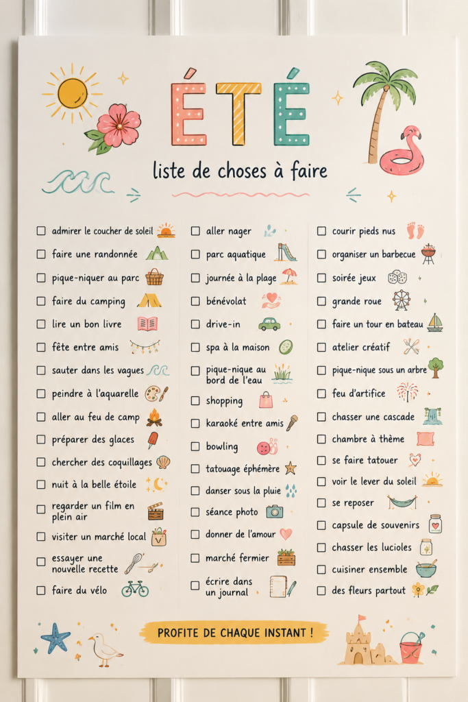 Image d'une liste d'activités estivales sur une table, entourée d'objets d'été.