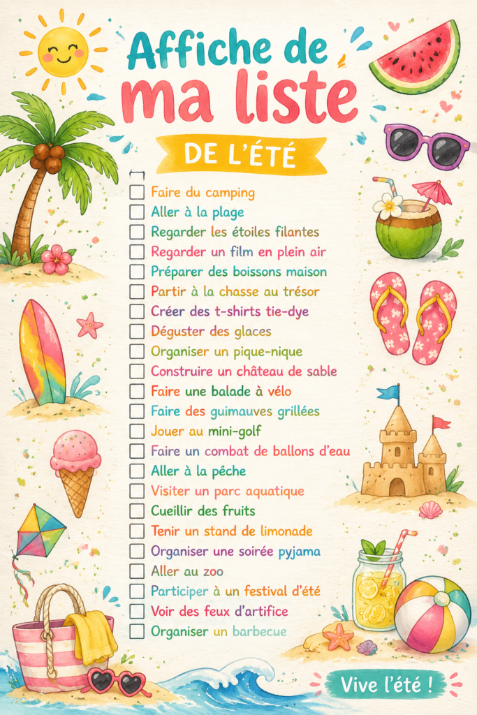 Affiche estivale colorée avec des éléments de plage et d'activités estivales