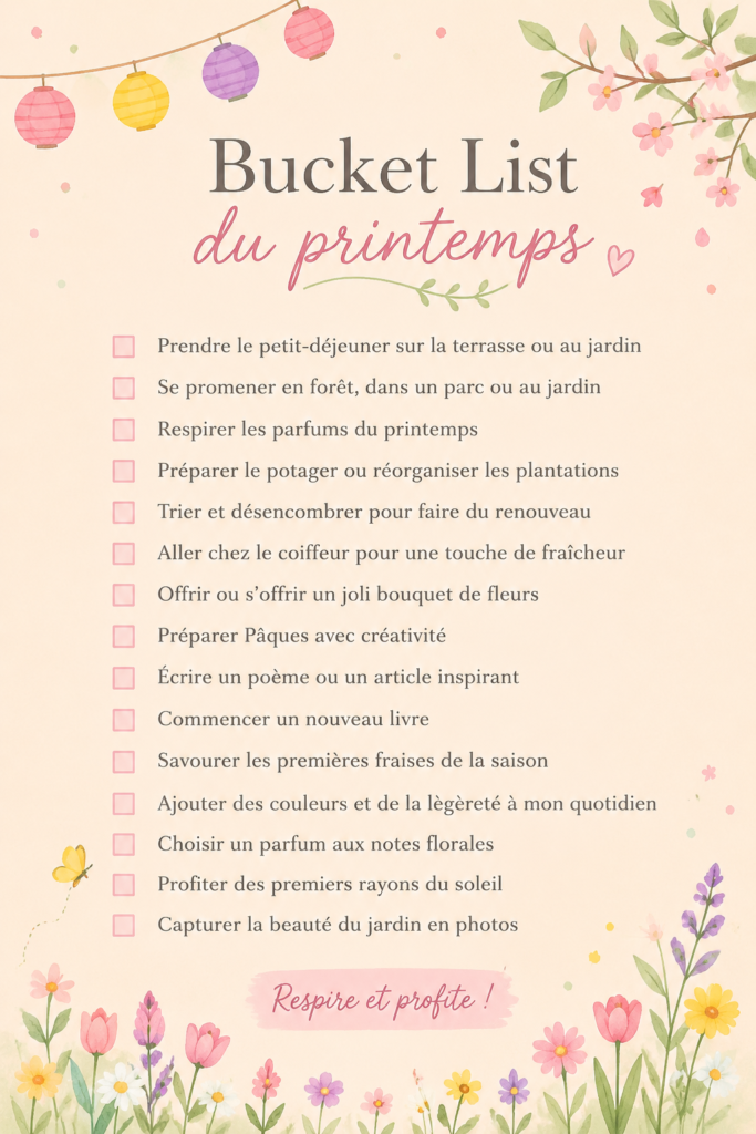Une liste inspirante d'activités de printemps sur un fond floral lumineux.