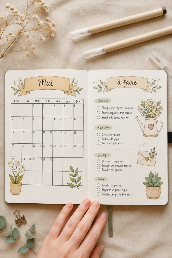 Couverture colorée d'un bullet journal avec des thèmes printaniers pour mai