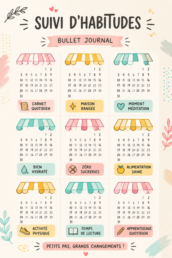 Bullet Journal ouvert avec des sections de suivi d'habitudes colorées