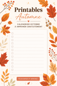 Calendrier d'octobre coloré à imprimer pour l'automne.