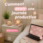 Femme souriante travaillant sur son agenda pour une journée productive, avec des notes colorées.