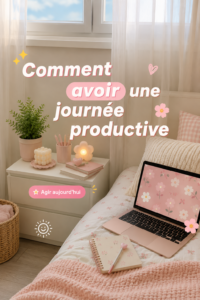 Femme souriante travaillant sur son agenda pour une journée productive, avec des notes colorées.