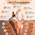 Une femme réfléchissant sur sa procrastination avec un carnet dans les mains.