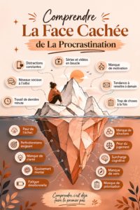 Une femme réfléchissant sur sa procrastination avec un carnet dans les mains.