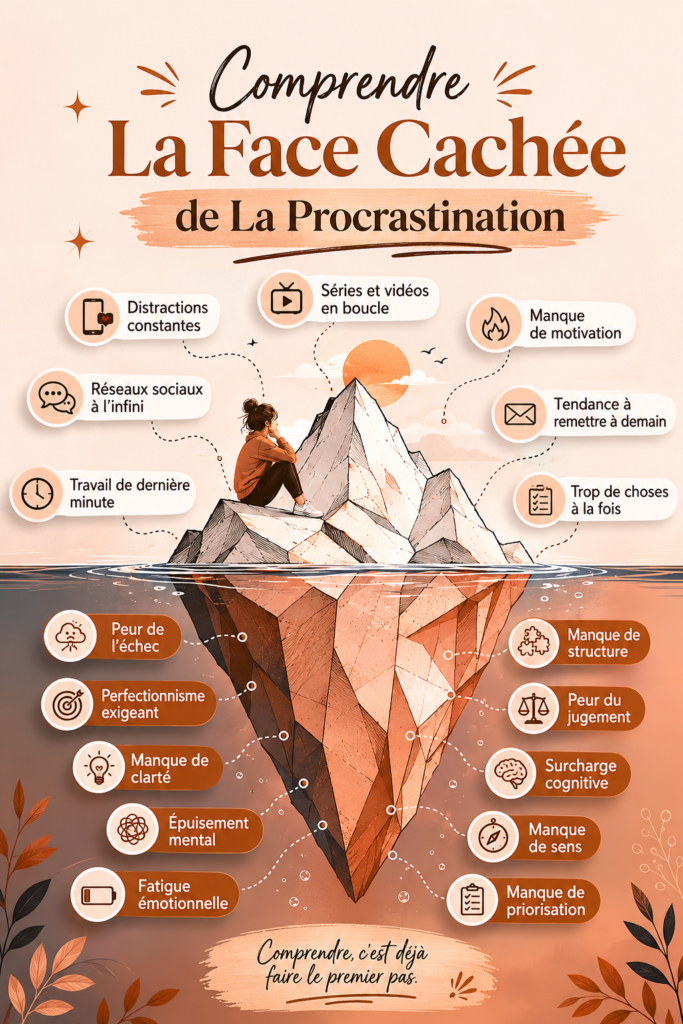 Une femme réfléchissant sur sa procrastination avec un carnet dans les mains.