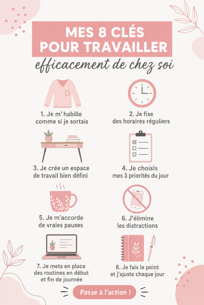 Une femme travaillant de chez elle, entourée de plantes et de matériel de bureau organisé.