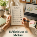 Femme réfléchissant à ses objectifs de vie avec un bloc-notes et un stylo.