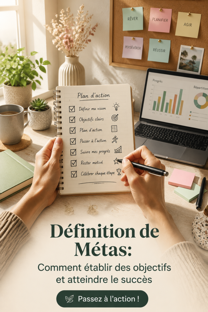 Femme réfléchissant à ses objectifs de vie avec un bloc-notes et un stylo.