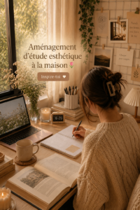 Bureau d'étude aesthetic avec des couleurs pastel et des accessoires décoratifs