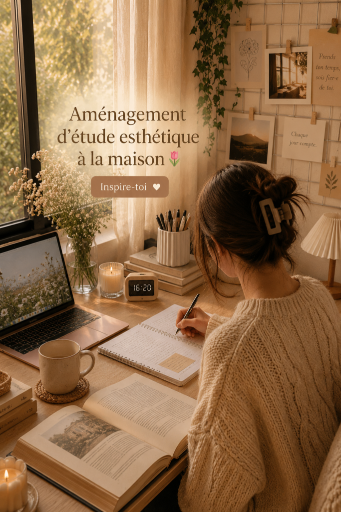 Bureau d'étude aesthetic avec des couleurs pastel et des accessoires décoratifs
