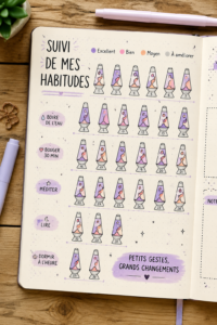 Un bullet journal ouvert avec un habit tracker inspiré des lampes à lave, coloré et créatif.