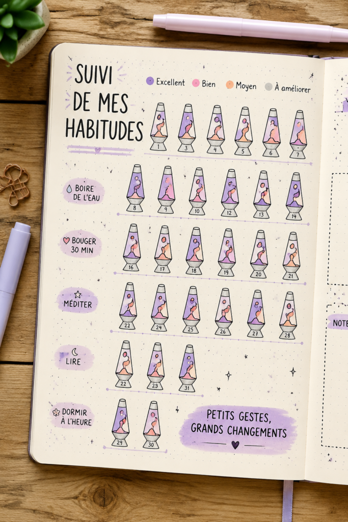 Un bullet journal ouvert avec un habit tracker inspiré des lampes à lave, coloré et créatif.