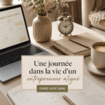 Un entrepreneur aligné travaillant à son bureau avec un sourire, inspiré et épanoui.