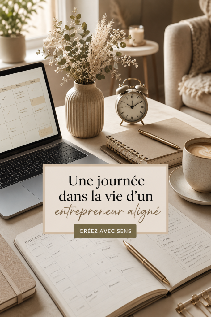 Un entrepreneur aligné travaillant à son bureau avec un sourire, inspiré et épanoui.