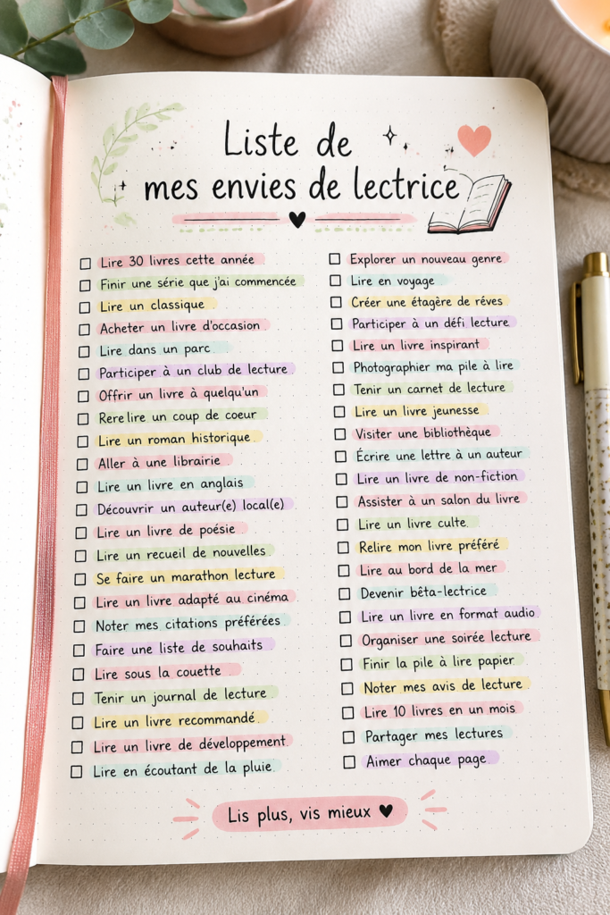 Un bullet journal avec des livres à lire notés sur une page inspirante