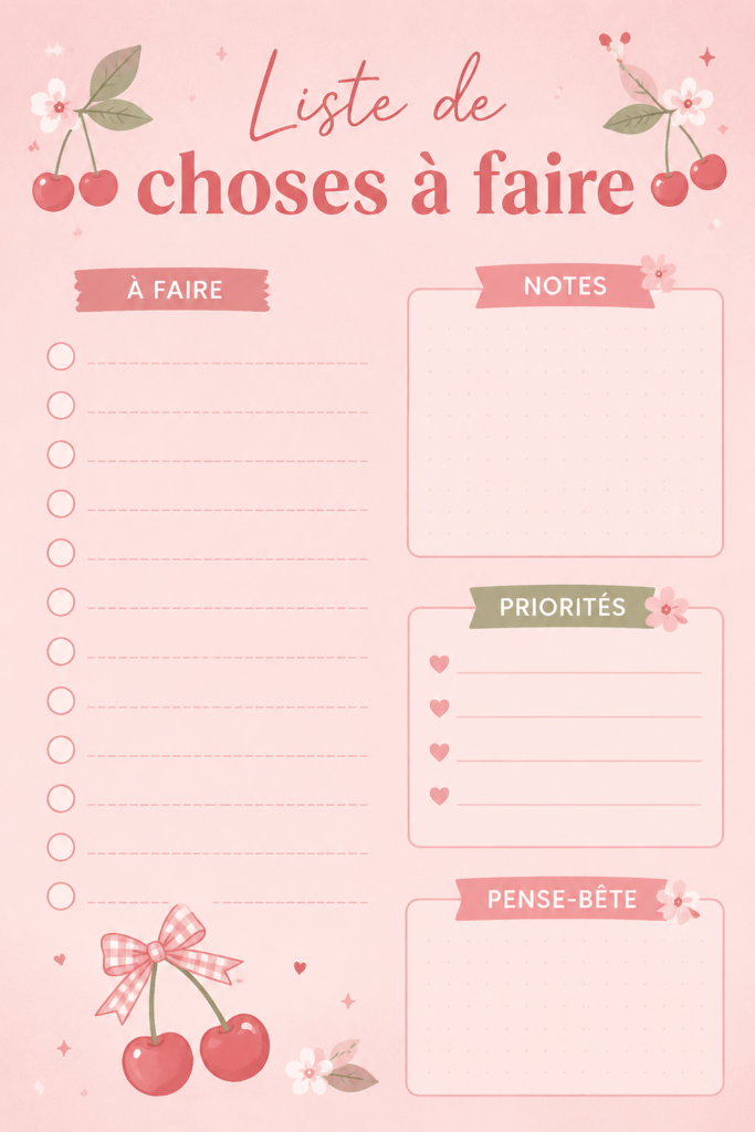 Une liste de tâches colorée avec des illustrations de cerises inspirantes.