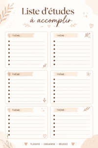 Modèle de liste de tâches d'étude imprimable avec des sections claires pour chaque matière.