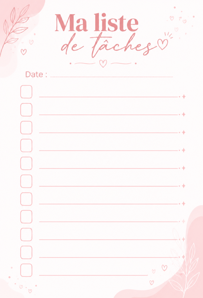 Une to-do list minimaliste en rose sur un bureau bien ordonné.