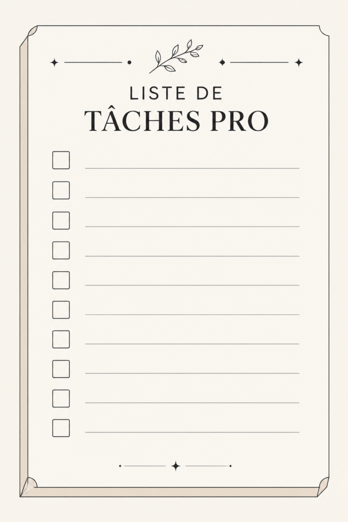 Illustration d'une femme écrivant une liste de tâches sur un carnet, représentant l'organisation et la productivité.