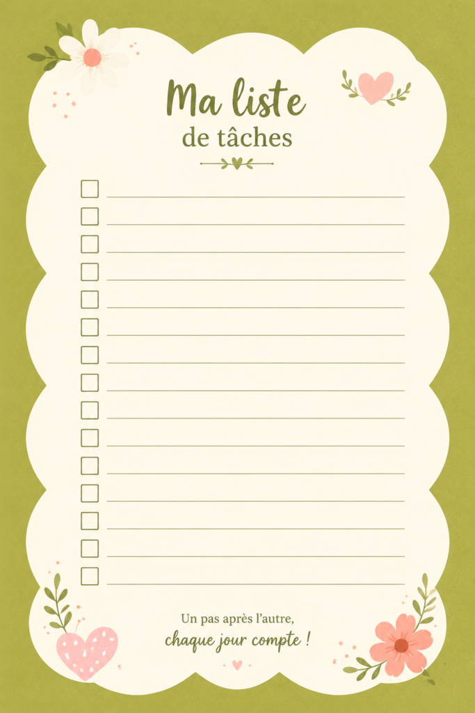 Un exemple de to-do list esthétique imprimable avec des sections pour les tâches quotidiennes