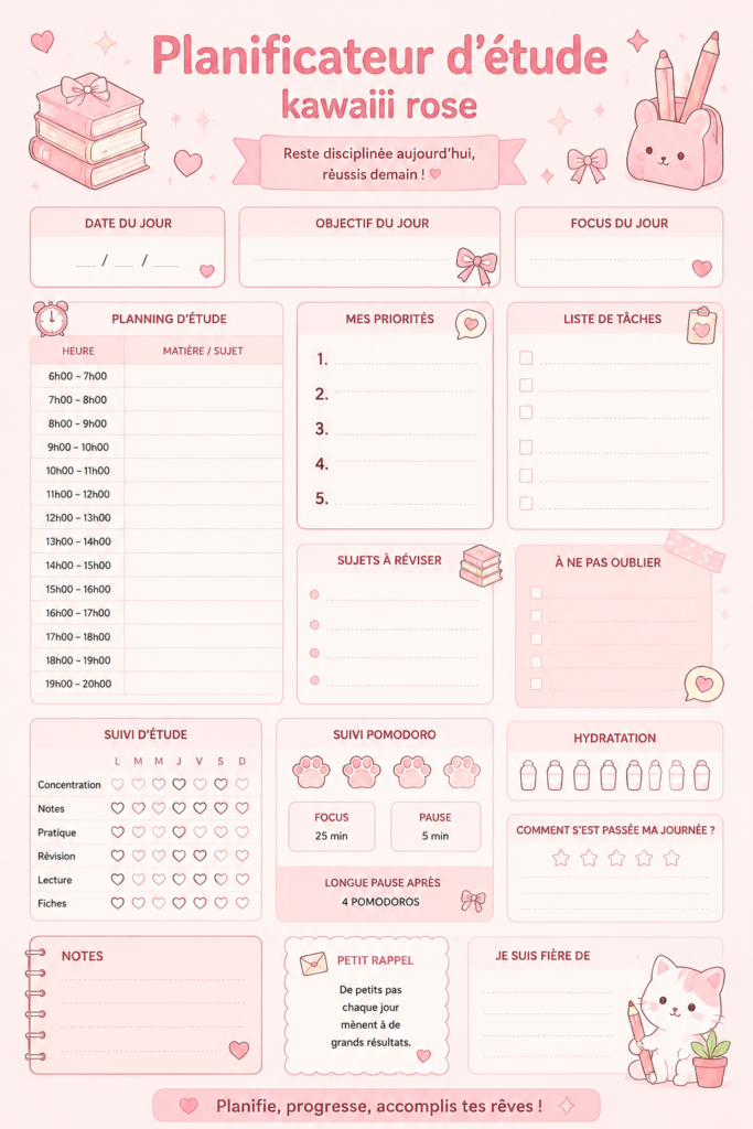 Modèle de planificateur kawaii esthétique pour étudier