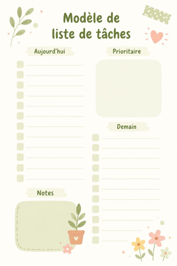 Un modèle de To Do List sur un bureau, avec des stylos et des notes.