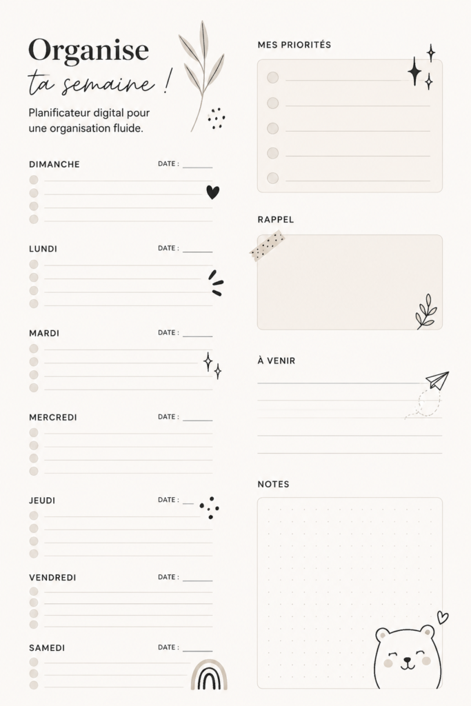 Femme utilisant un planner digital pour organiser sa semaine, avec un environnement de travail inspirant.