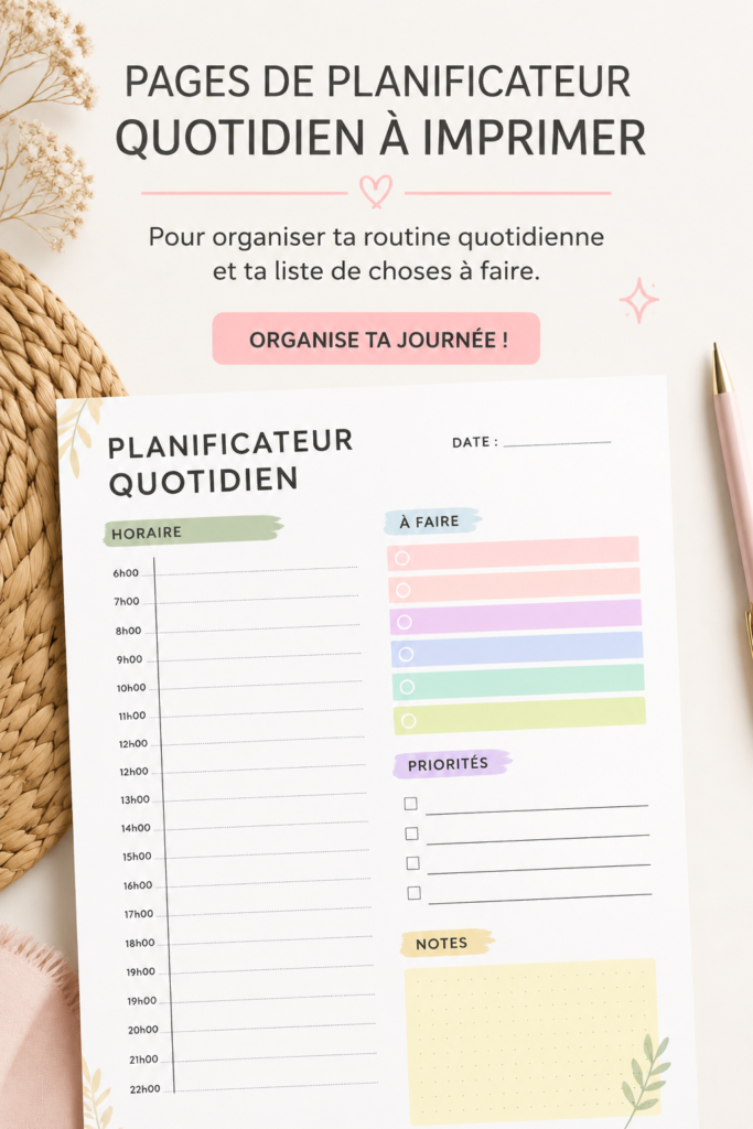 Une collection de pages à imprimer pour planifier sa journée.