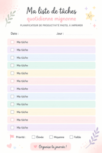 Un joli planner pastel ouvert sur une table en bois, avec des stylos colorés à côté.