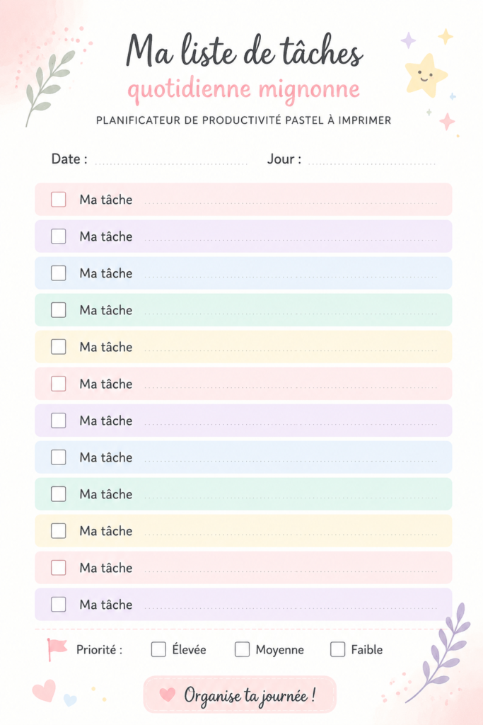Un joli planner pastel ouvert sur une table en bois, avec des stylos colorés à côté.