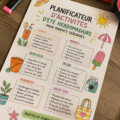Une famille joyeuse planifiant leurs activités estivales ensemble.