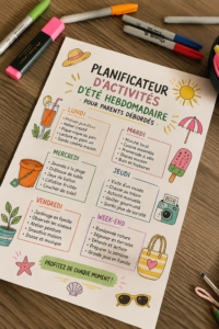 Une famille joyeuse planifiant leurs activités estivales ensemble.