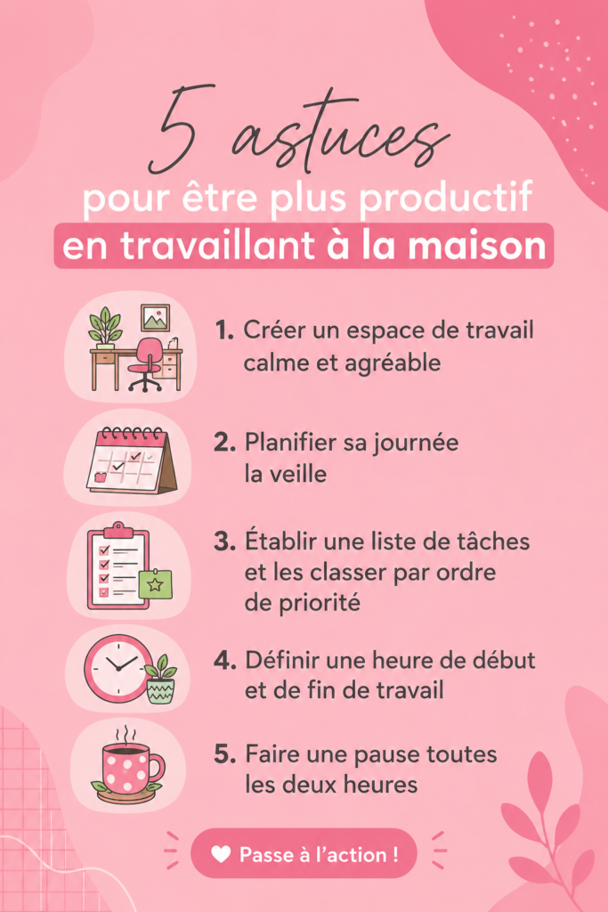 Femme travaillant à son bureau à domicile, concentrée et organisée