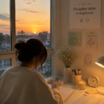 Femme assise à une table, préparant son matériel d'étude dans une atmosphère calme et apaisante.